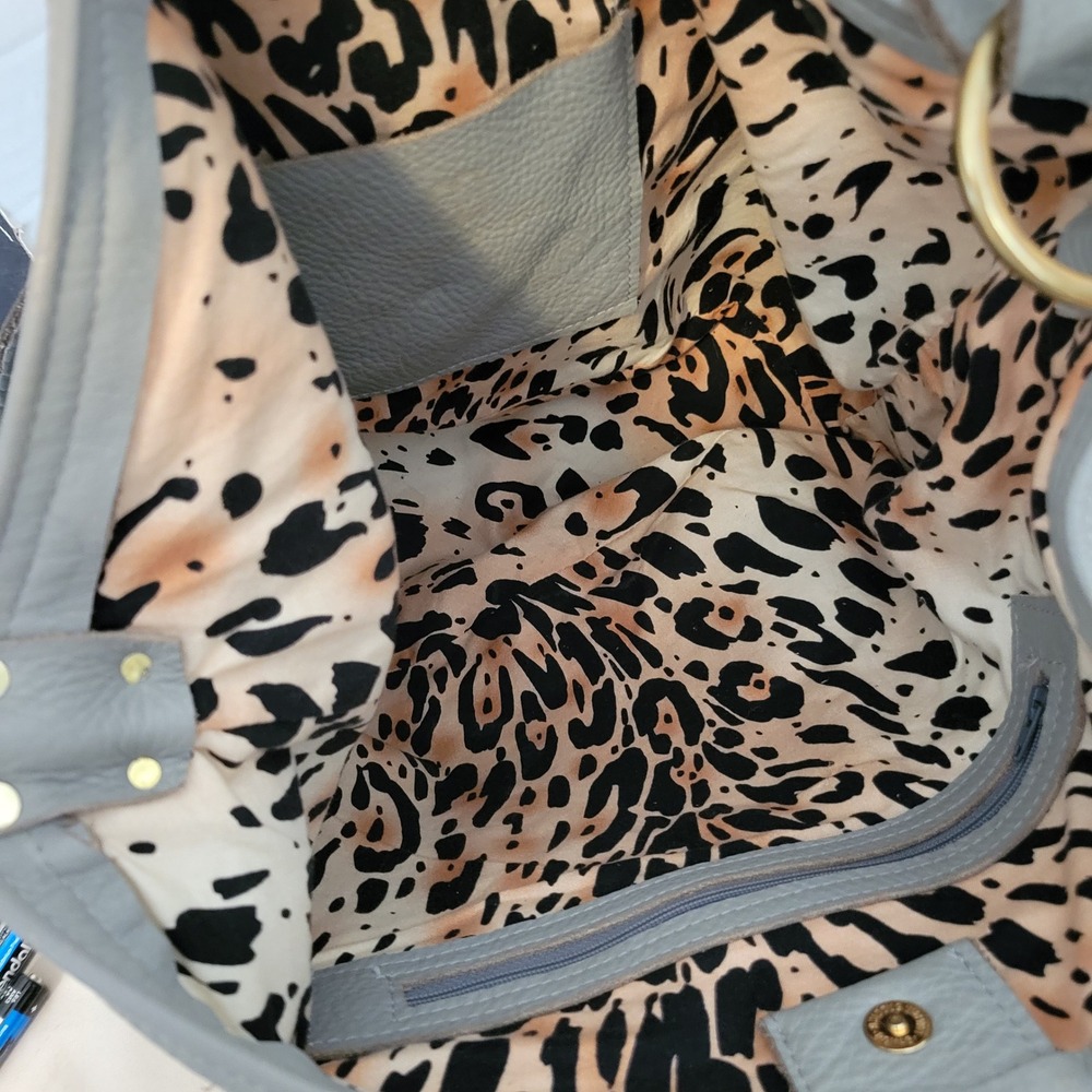 Romag Grey Pebbled Leather Leopard Calf Hair Hobo Bag Gold Hardware - Picture 12 of 16